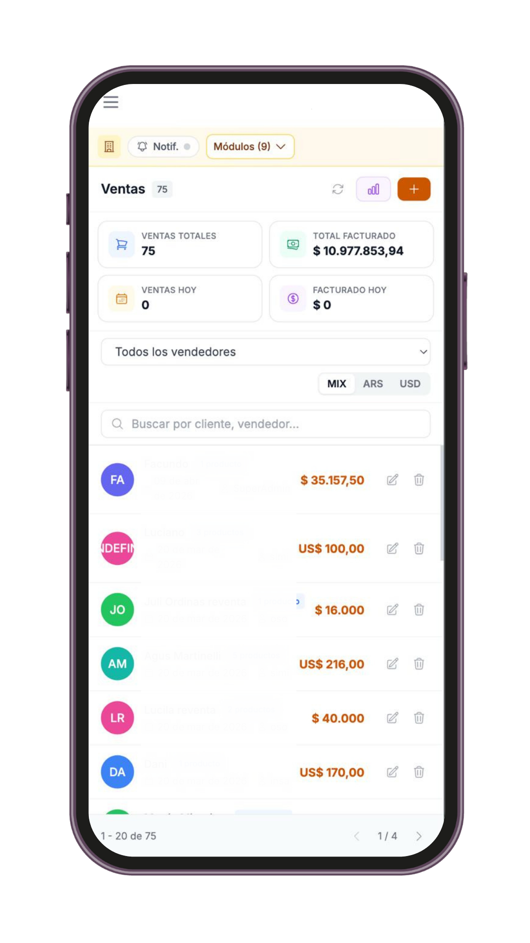Módulo Ventas con KPIs y listado